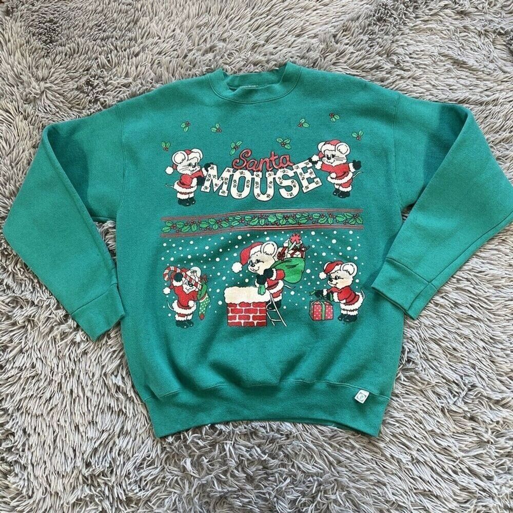 Vintage Santa Mouse Novelty Christmas Graphic Crewneck Sweatshirt Teal Large